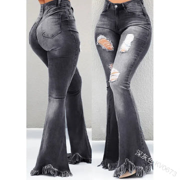 MQTIME  -  Women Ripped Vintage Fashion All-match Slim Pants 2024 Ladies Denim Flare Jeans Denim Skinny Female Wide Leg Hole Trousers Pop